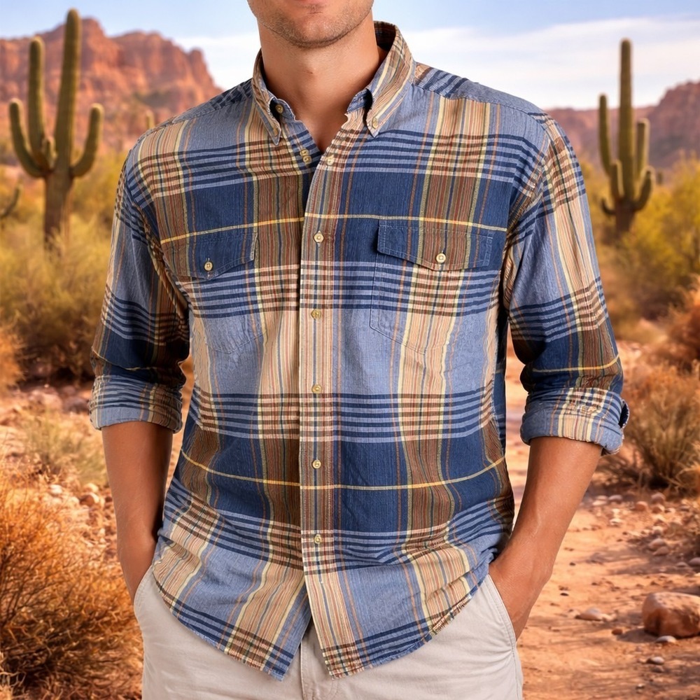 Roper Shirt XL Western LS Plaid‎ Stripes Blue Red Yellow Green